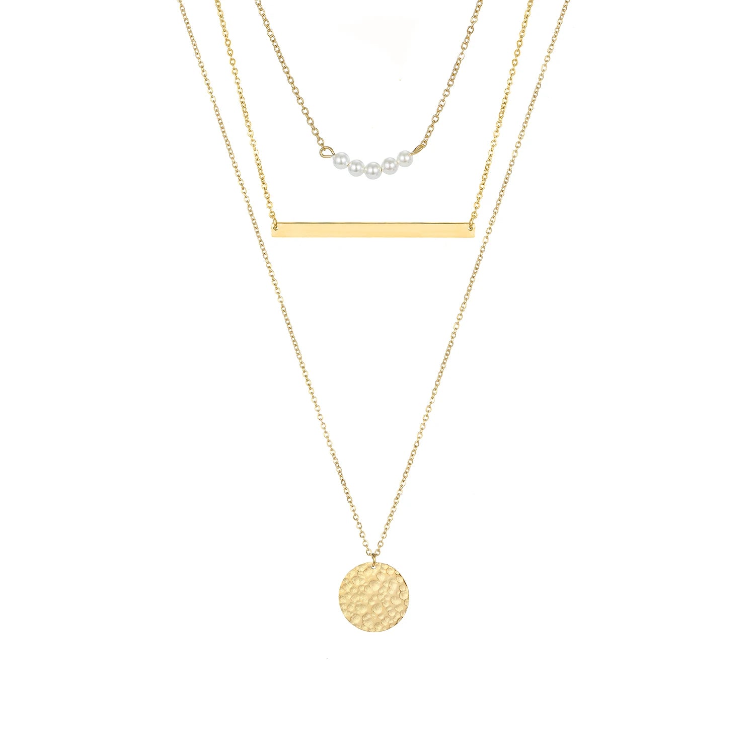 Gold Color Multilayer 3pcs/set Pearl Bar Round Pendant Layered Chain Stainless Steel Necklace Women