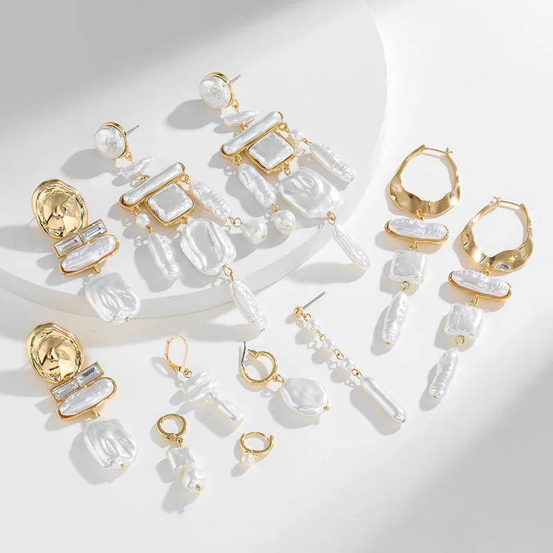 Vintage Baroque Earrings Jewelry Women Pearl Earrings Geometric Gold-plated Pearl Chain Pendant Earrings