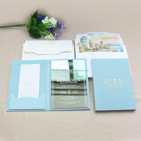 Luxury Silver Mirror Acrylic Invitations Envelopes With Customized Sky Blue Velvet Hardcover Wedding Invitation Collection