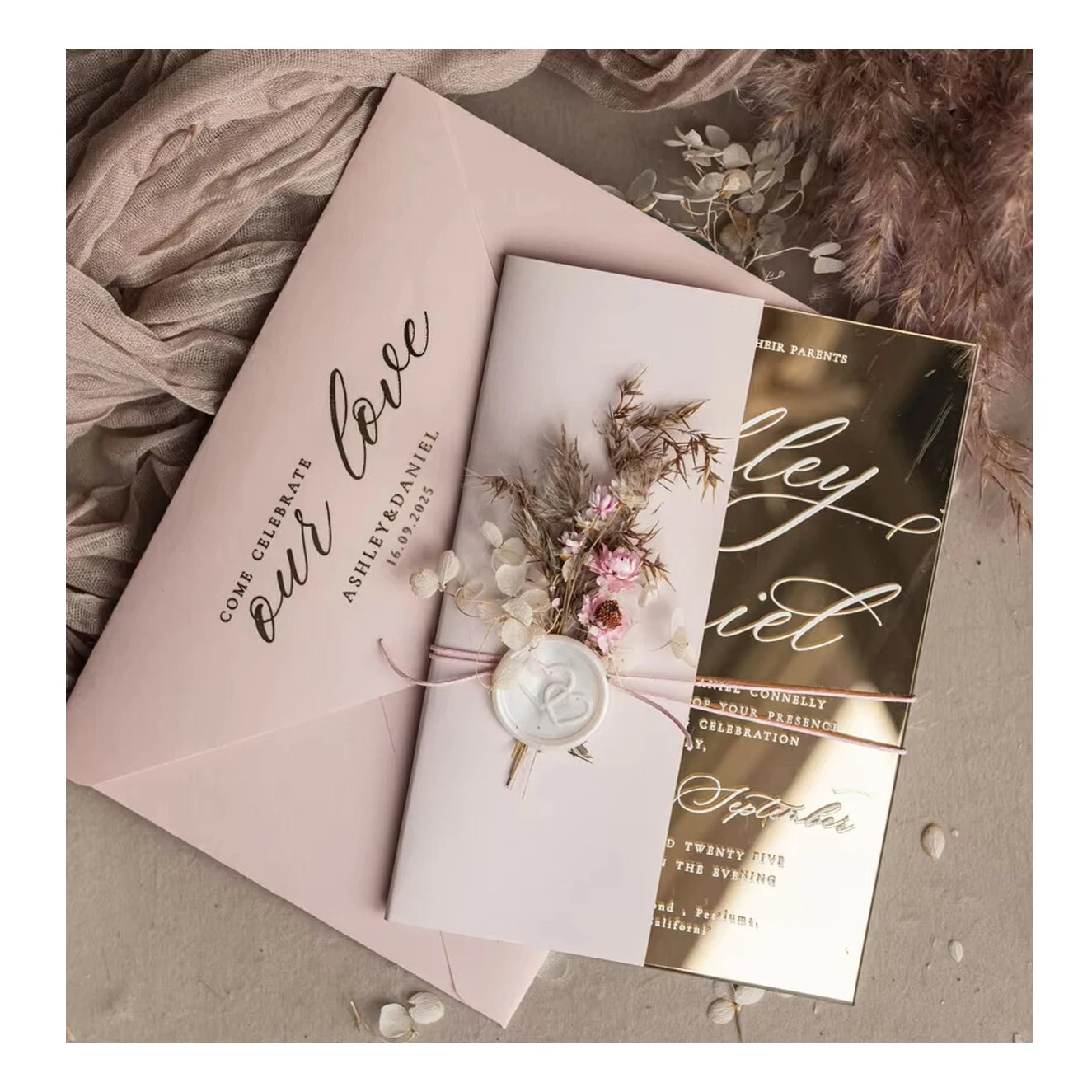 Luxury Elegant Blush Pink Mirror Glamour Save the Date Clear Plexi Wedding Invitations Card Velvet Envelope
