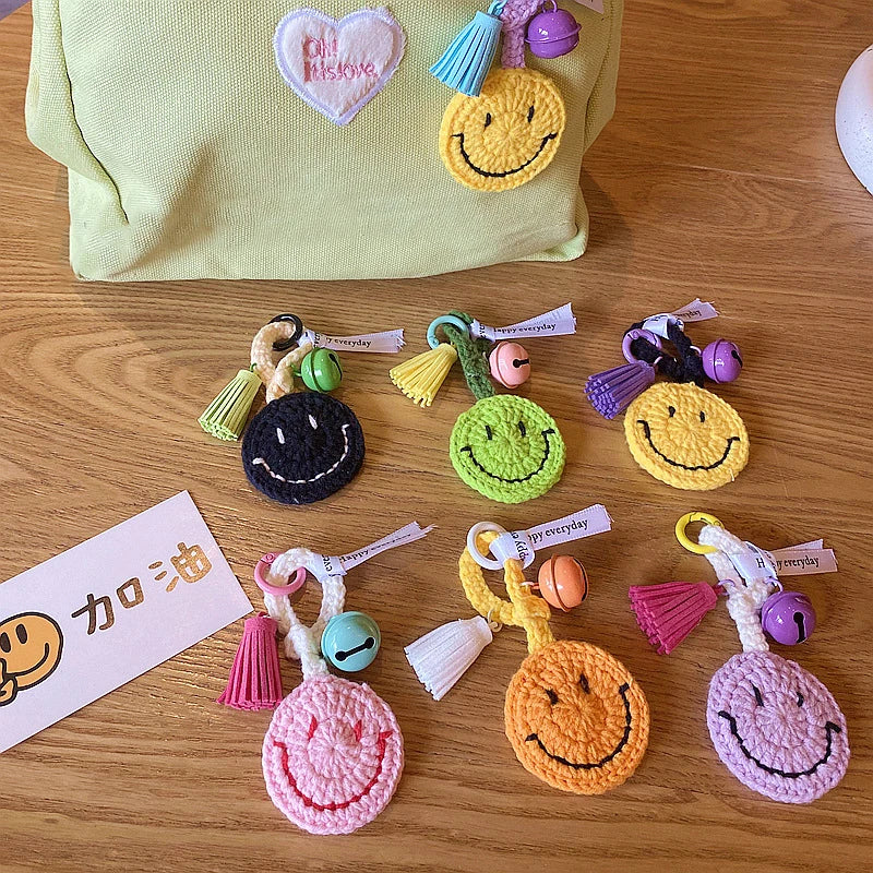 Crochet Boho Handmade Backpack Wallet Purse Holder Tassels Pendant Key Chain Accessories Bell Weave Happy Face Charm Keychain