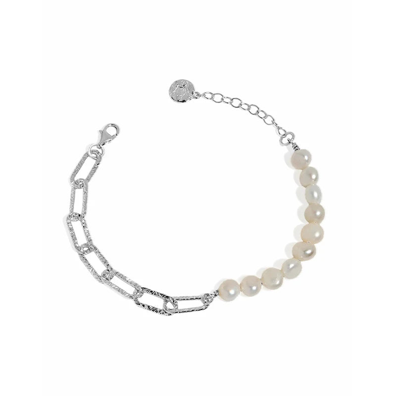 Freshwater White Pearls with Paperclip Link Chain Bracelet in 925 Sterling Silver Asymmetric Bracelets
