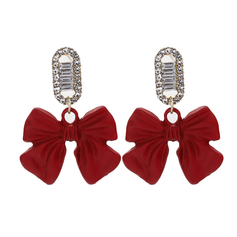 Crystal Rhinestone Luxury Red Bow Women Earrings Jewelry