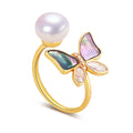 Hot Sale 18K Gold Plated Abalone Shell Butterfly Natural Freshwater Pearl Ring for Women