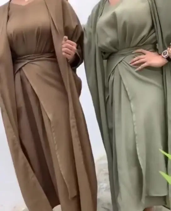 Turkey Women's Muslim Abaya Dress Three Pieces Set Islamic Prayer Robe Open Front Flowy Maxi Cardigan Dress