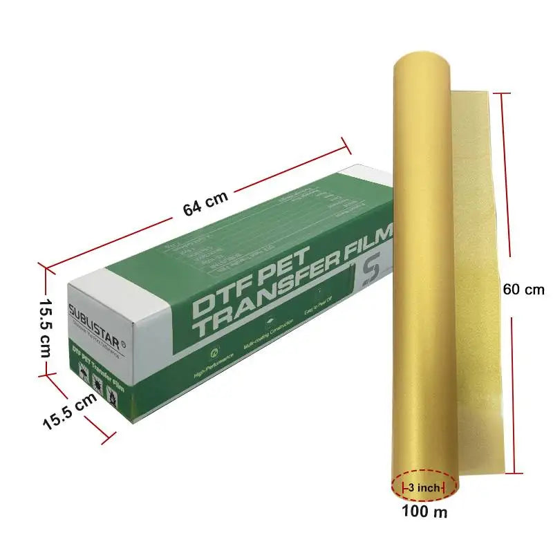 SUBLISTAR Heat Transfer Metallic Gold Foil DTF Film (60CM*100M) DTF Transfer Cold Film Roll Direct to Iconic Signs
