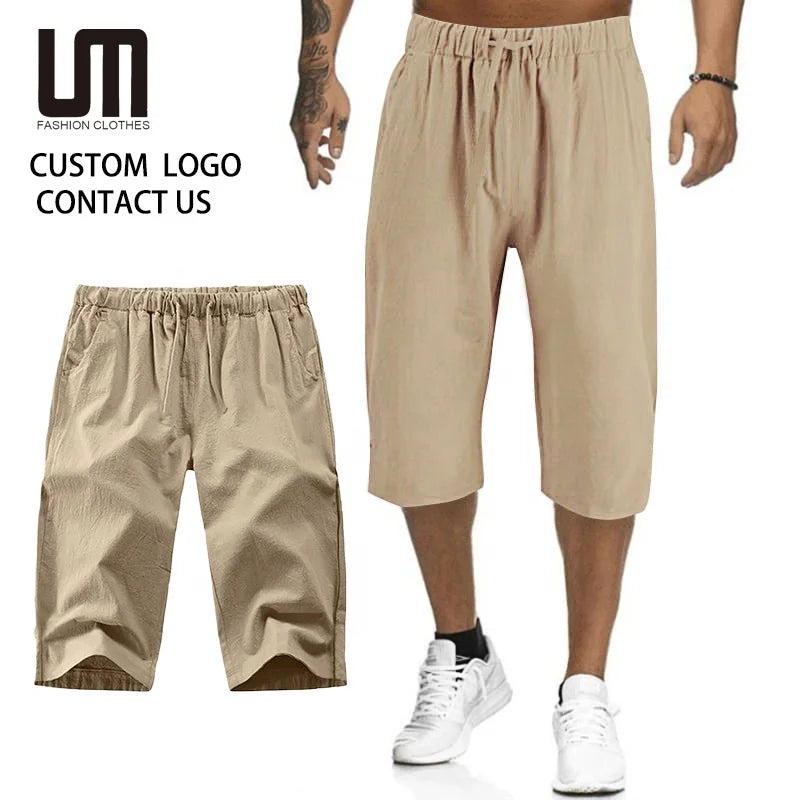 Custom Logo Men's Summer Beach Shorts Sporty 3/4 Length Casual Jogging Pants with Drawstring Solid Cargo Pattern