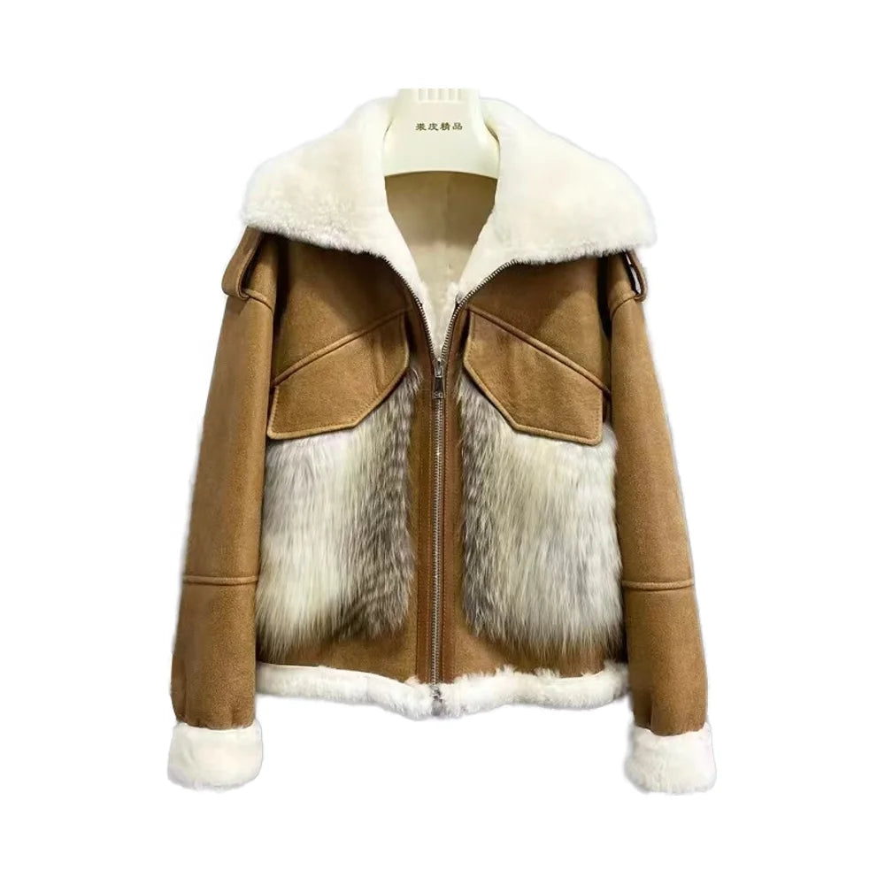 2025 Women's Double Face Fur Shearling Coats Waterproof Cropped Leather Jacket with Button Decoration