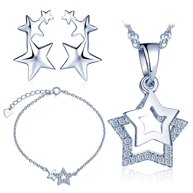 925 Silver Fine Jewelry Set Star Ear Cuffs Bracelets Necklaces for Wedding Gift Engagement Anniversary with Zircon Main Stone MegaBDM