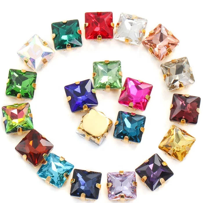 HFOUR Factory Price 24 Colors Square Shape Glass Rhinestones 8mm-14mm with Golden Sewn Setting for Dress
