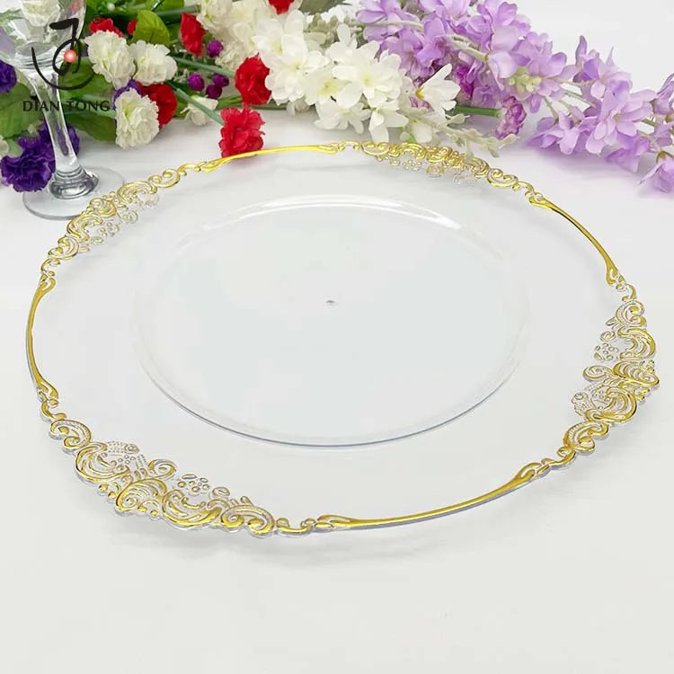 Wholesale Eco-Friendly Luxury 13 Inch Clear Plastic Pink Silver Gold Charger Plates Bulk Wedding Decor