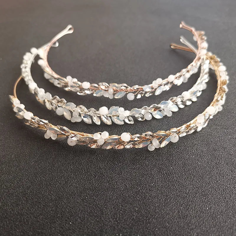 SLBRIDAL Handmade Ins Style Luxury Rhinestone Opal Crystal Bridal Tiara Headband Wedding Bridesmaids Crown Women Hair Jewelry
