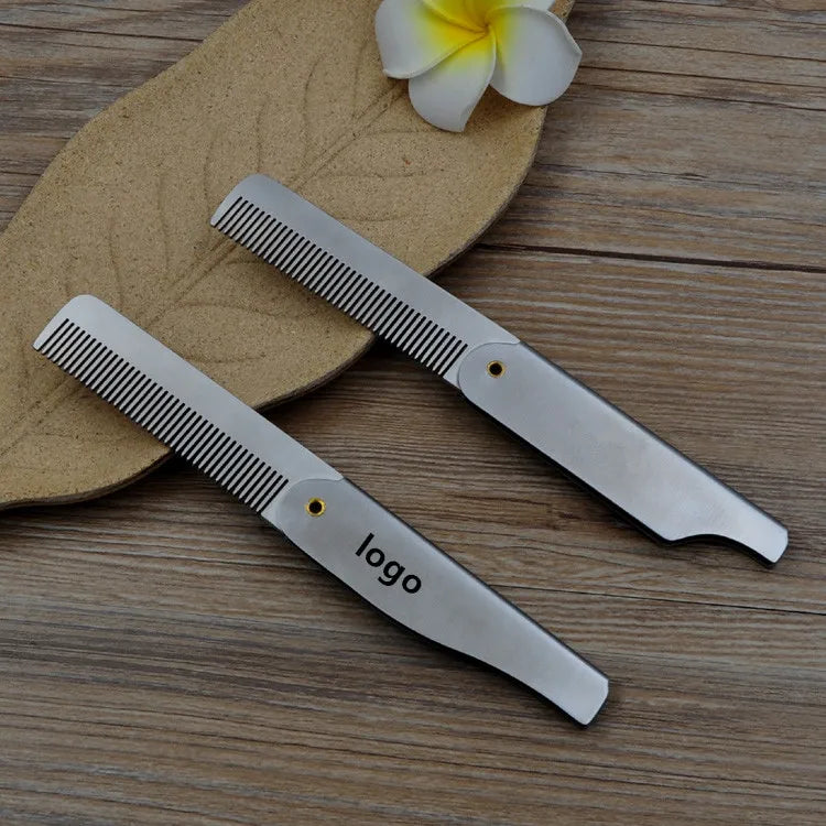 Wholesale Custom logo and Packaging Handle Men's Stainless Steel  Pocket Beard Comb Flip Comb for Beard Finishing