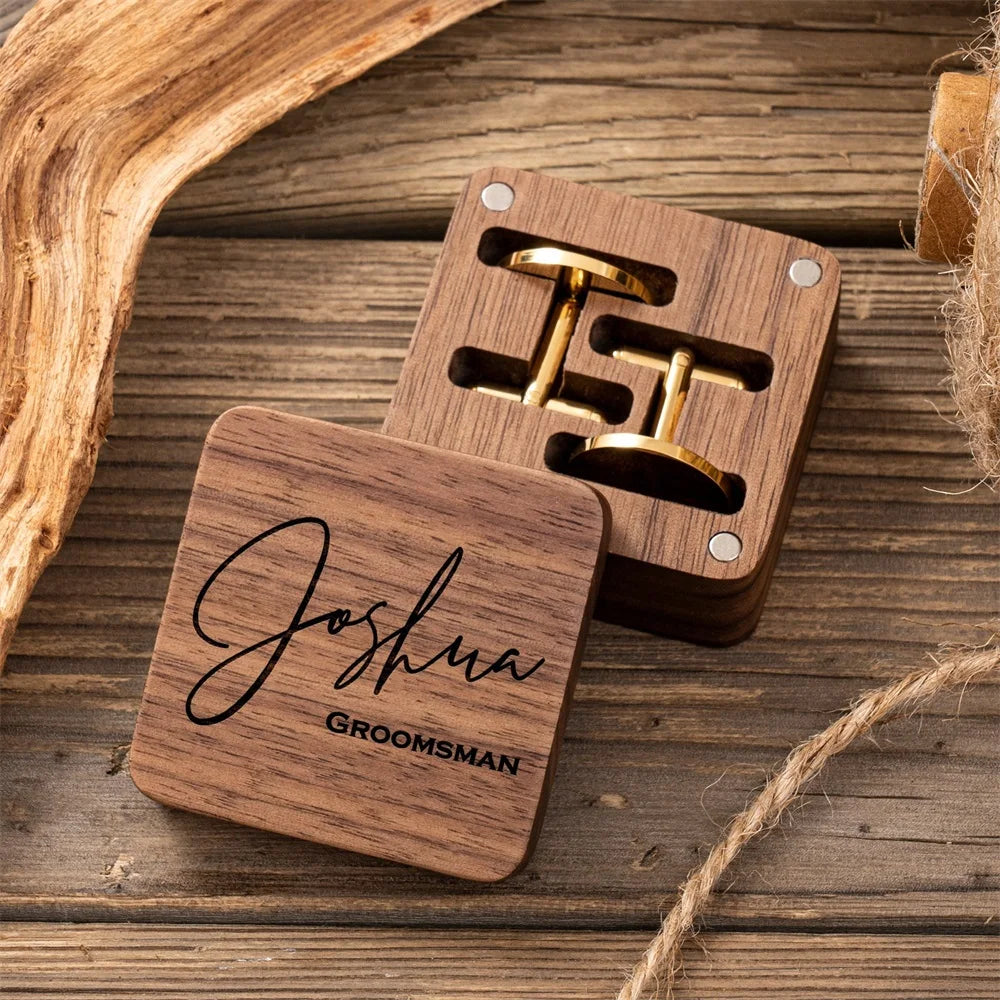 Lateefah OEM Groomsman Best Man Jewelry Father of the Bride Cufflinks Personalized Engraving Cufflinks With Wooden Box