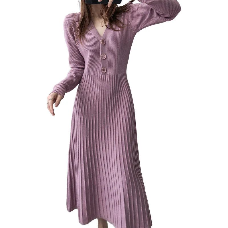 Women's Autumn Winter Long Sweater Dress V-Neck Button Loose Plus Size Base Knee Pleated Solid Natural Plain Dyed Knitwear Long