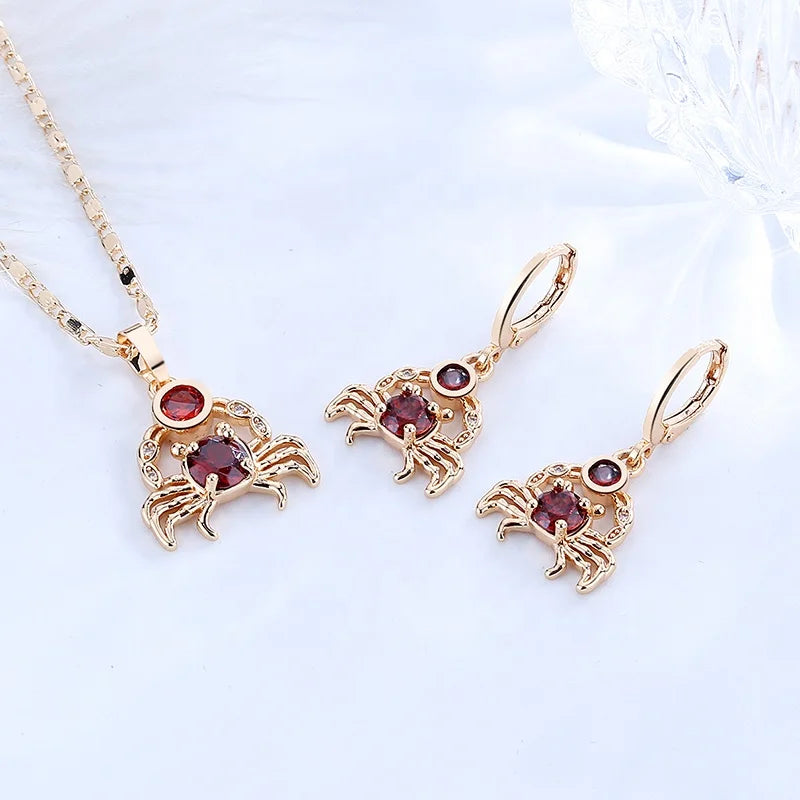 New HengDian Party Jewelry Fashion 18k Karat Gold Plated Necklace Pendant Earring Crab Jewelry Sets for Women