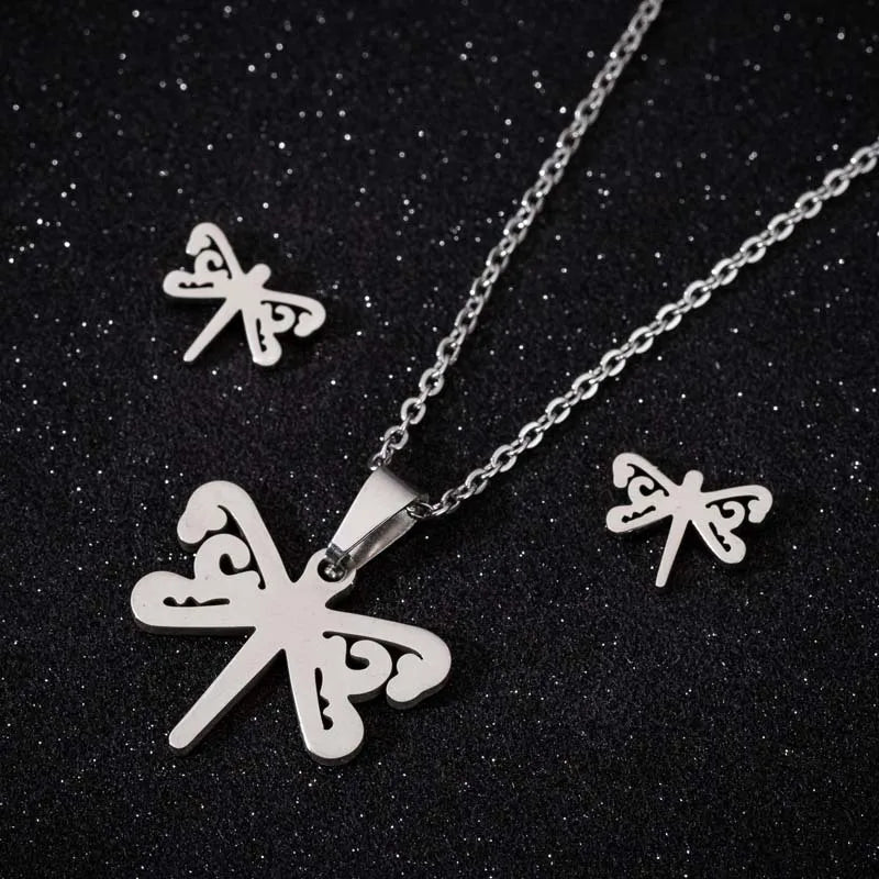 Non Tarnish 18K Gold Silver Plated Dragonfly Pendant Stainless Steel Necklace Earring Jewelry Sets for Women Ladies