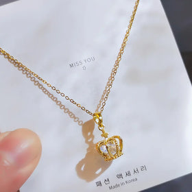 G2563 Wholesale Collier Stainless Steel Chain 18K Gold Plated Crystal Rhinestone Queen Tiara Crown Necklace Jewelry Necklaces