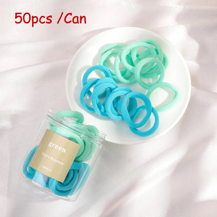 Wholesale 50pcs Polyester Seamless Strong Elastic European & American Style Flower Print Hair Ties Solid Colors for Girls
