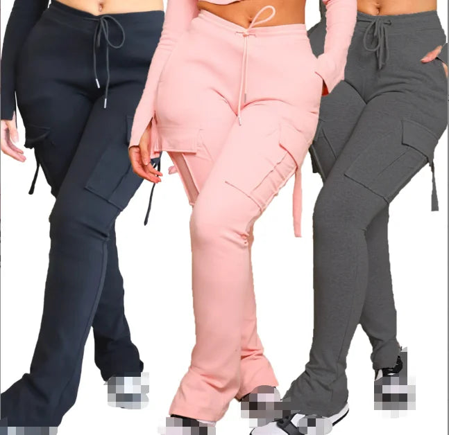S-XXL European and American Women's Fashion Trend Work Dress Pocket Drawstring Waist Split Leg Casual Pants