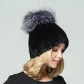 MWFur Warm Fox Fur Knitted Winter Fashion Stripe Beanie Mink Hair Elastic Caps Fashion Mink Fur Hats Winter Fur Cap