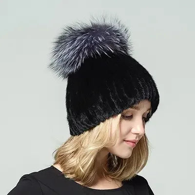 MWFur Warm Fox Fur Knitted Winter Fashion Stripe Beanie Mink Hair Elastic Caps Fashion Mink Fur Hats Winter Fur Cap