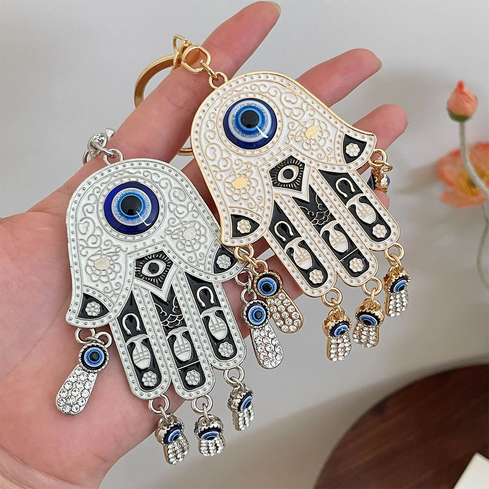Crystal Rhinestone Keychain Vintage Fatima Hand Drop Oil Keychain Turkish Evil Eye Pendant Decor