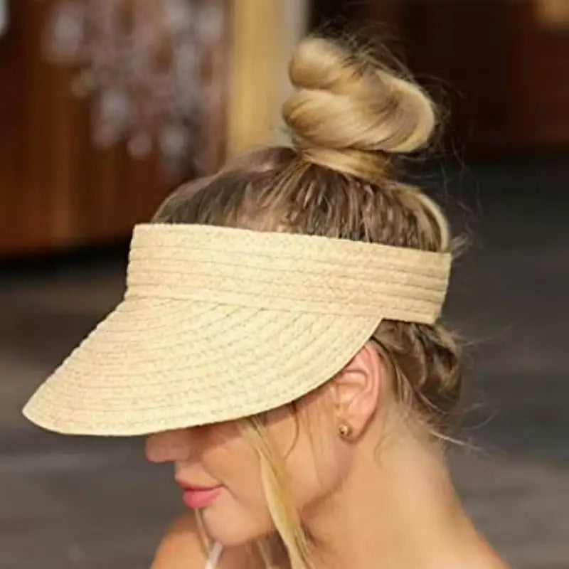 Women Wide Brim Straw Foldable Beach Visors Summer Beach Hat Adjustable Band Sun Visor Hats