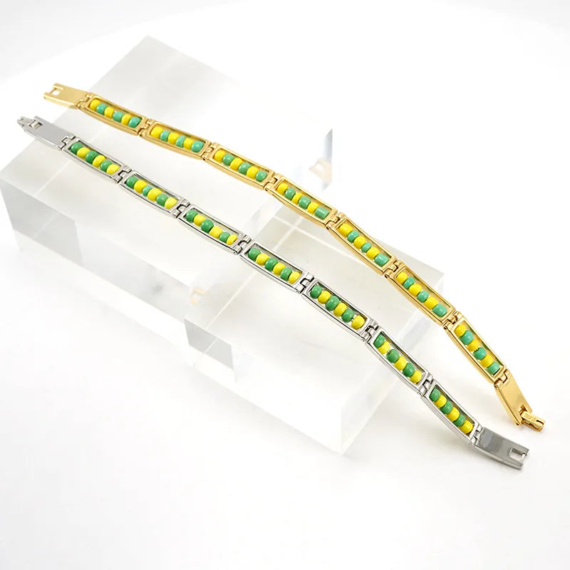 Fashion Bracelet Green Yellow Rotatable Bead Bracelet Yellow Stainless Steel Bangle Jewelry