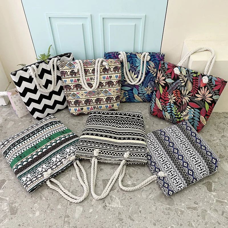 New Fashion Printing National Style Printing Wholesale Ladies Shoulder Bags Tote Bag with Zipper Large Canvas