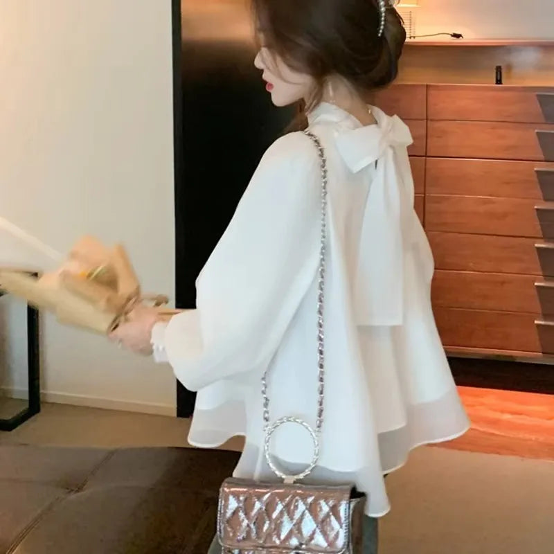 1529# Loose Chiffon Women Blouse Spring/Summer New Lantern Long Sleeve Bow Shirt Women's Blusas Mujer Elegant Organza Shirt