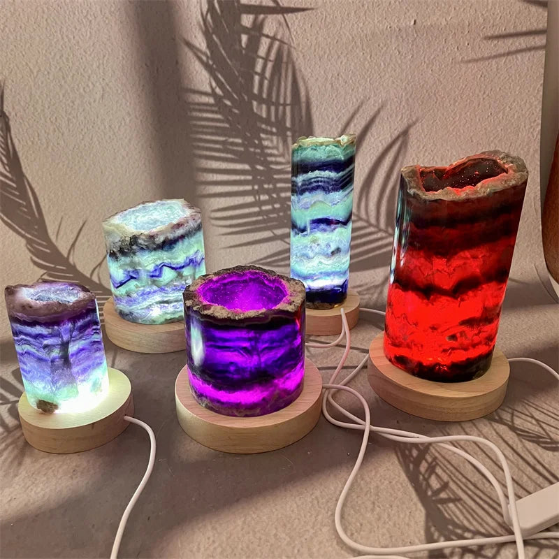 New Arrival Wholesale Natural Crystal Craft Healing Carving USB Cable Rainbow Fluorite Cylinder Lamp for Decoration