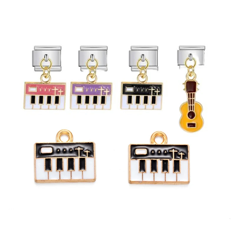 2025 New Guitar Keyboard Pendant Italian Charms Lins Fit 15mm Gold Plated Jewelry Charms Enamel Music Notes for DIY