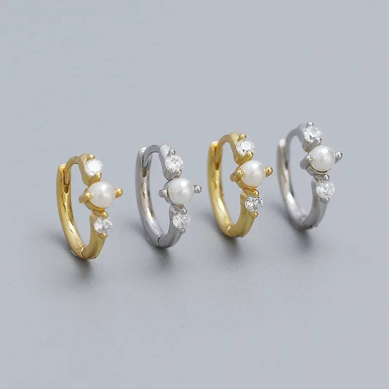 925 Sterling Silver Small Pearl and White Sapphire Huggie Hoop Earrings for Women