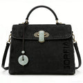 Black Textured PU Leather Top Handle Bag for Women Vintage Style Shoulder Crossbody Handbag Decorative Lock Office Collection