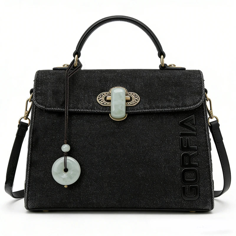 Black Textured PU Leather Top Handle Bag for Women Vintage Style Shoulder Crossbody Handbag Decorative Lock Office Collection