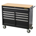 9 Drawers Black Metal Rolling Tool Trolley Workshop Workbench Garage Tool Cabinet Tool Chest Wooden Top Matte Finish Hand