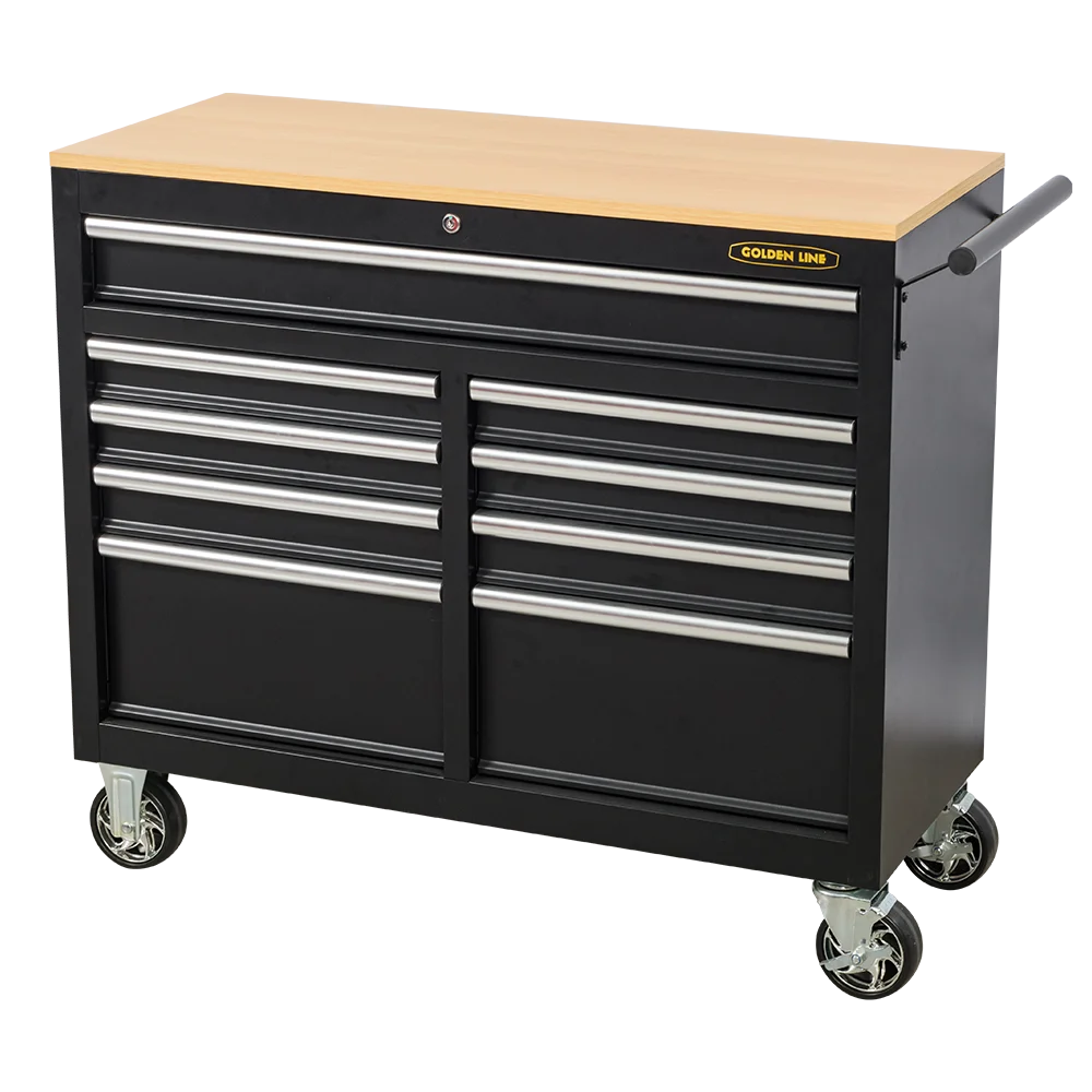 9 Drawers Black Metal Rolling Tool Trolley Workshop Workbench Garage Tool Cabinet Tool Chest Wooden Top Matte Finish Hand