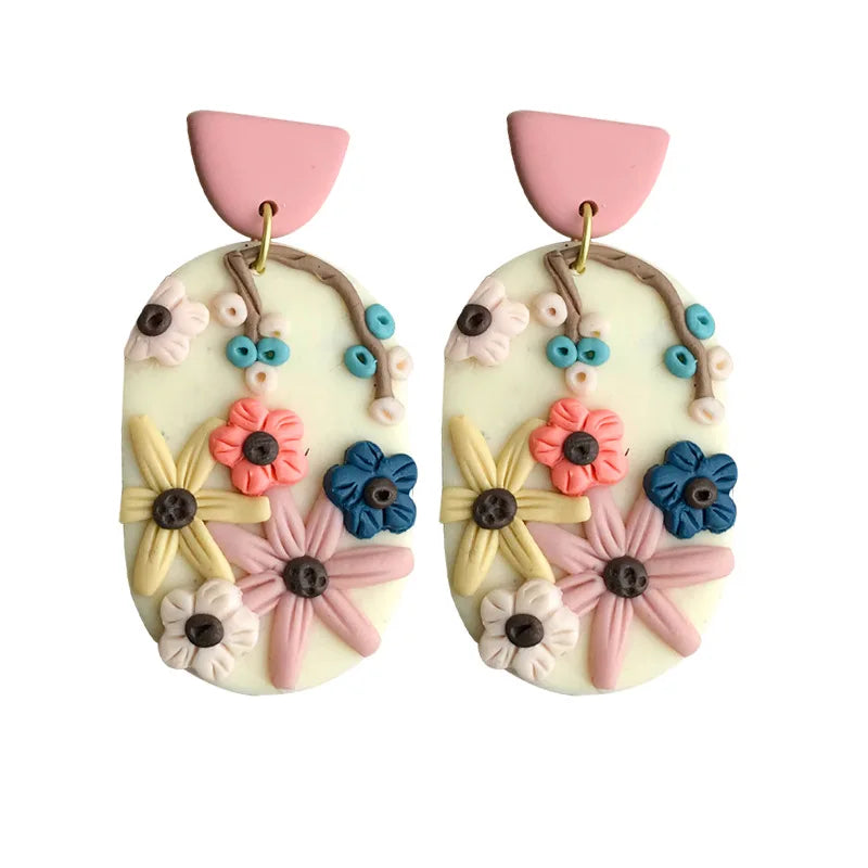 Wholesale Retro Mix Round Oval Colorful Plant 3d Flower Polymer Handmade Clay Earrings Women Fashion Jewelry