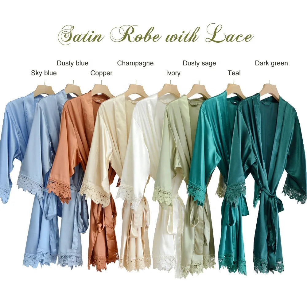 Wholesale Relax Fitting With Lace Trim Silk Satin Kimono Robe Bride Bridesmaid Flower Girls Women's Morning Dress Sleepwear