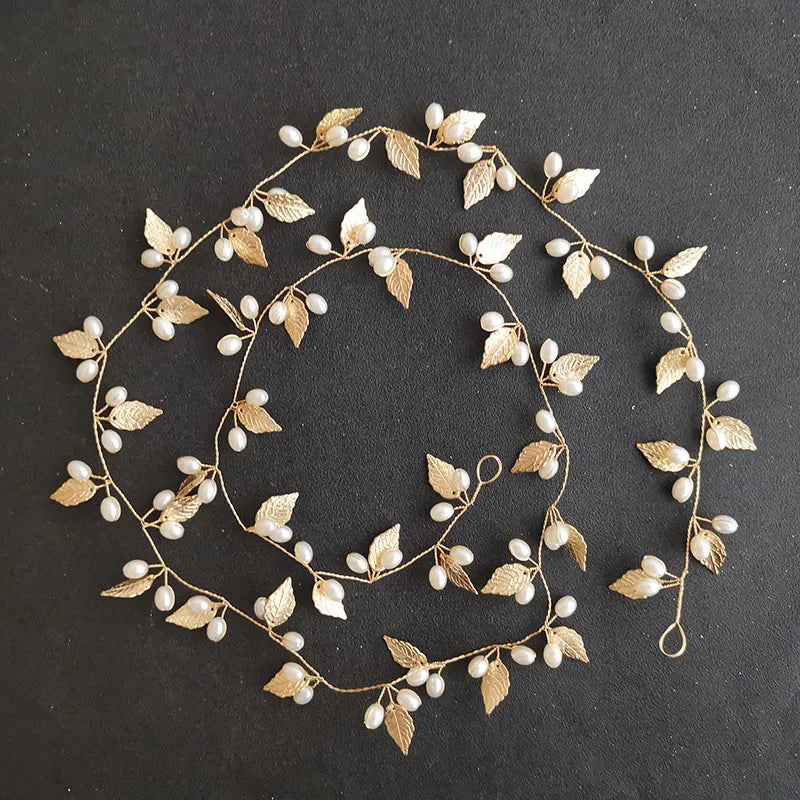 SLBRIDAL Handmade 3 Colors 1M Length Alloy Leaf Pearls Long Bridal Hair Vine Hairband Bridal Headband Women Girls Hair Jewelry