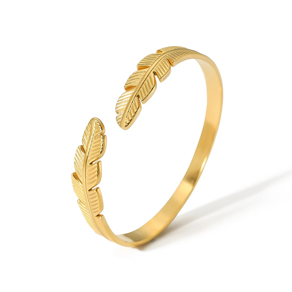 Stylish Stainless Steel 18K Gold Plated C Shape Leaf Feather Adjustable Open Cuff Bangles for Women