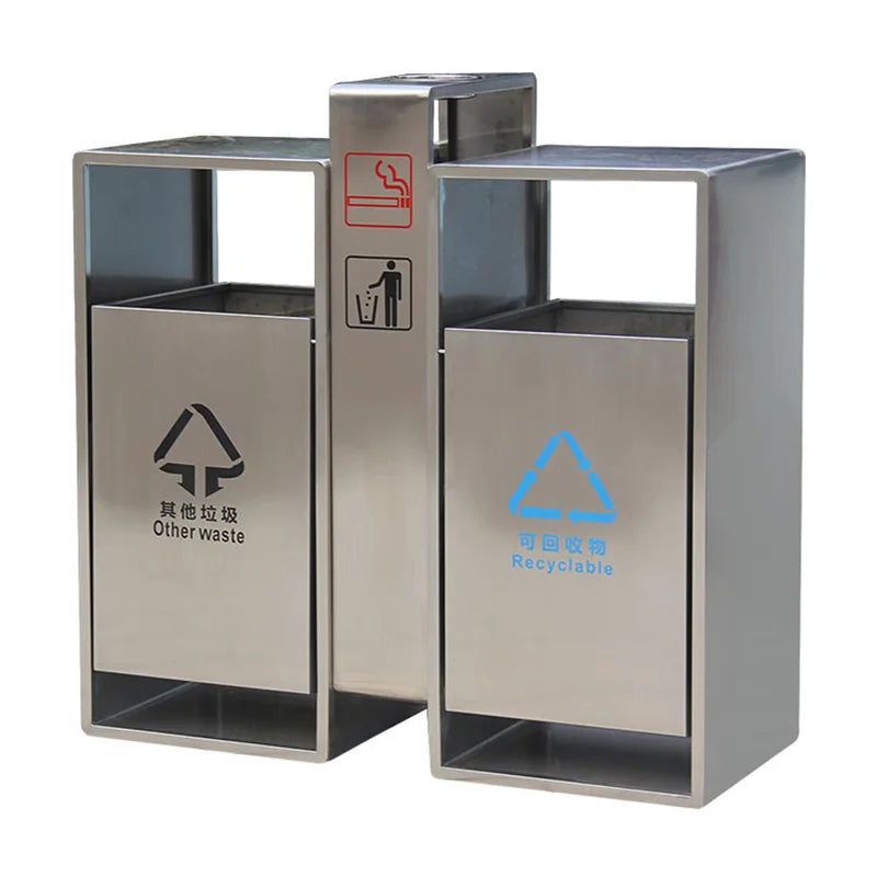 Outdoor Double Compartment Large Steel Garbage Trash Can Outside Street Metal Rubbish Litter Bin Public Recycle Dust Bin