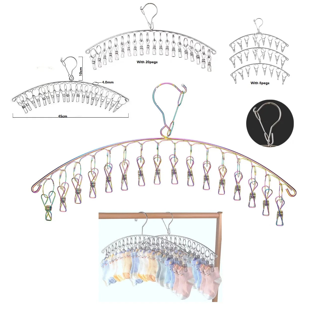 Modern Colorful Clothing Stainless Steel Hanger or Sock Drying Rack and Stainless Steel Sock Hanger and Clothes Hanger with Pegs