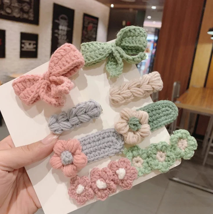 4 Pcs/Set Children Cute Cartoon Knitt Flower Bow Ornament Hair Clips Girls Lovely Soft Barrettes Hairpins Kids Hair Accessories