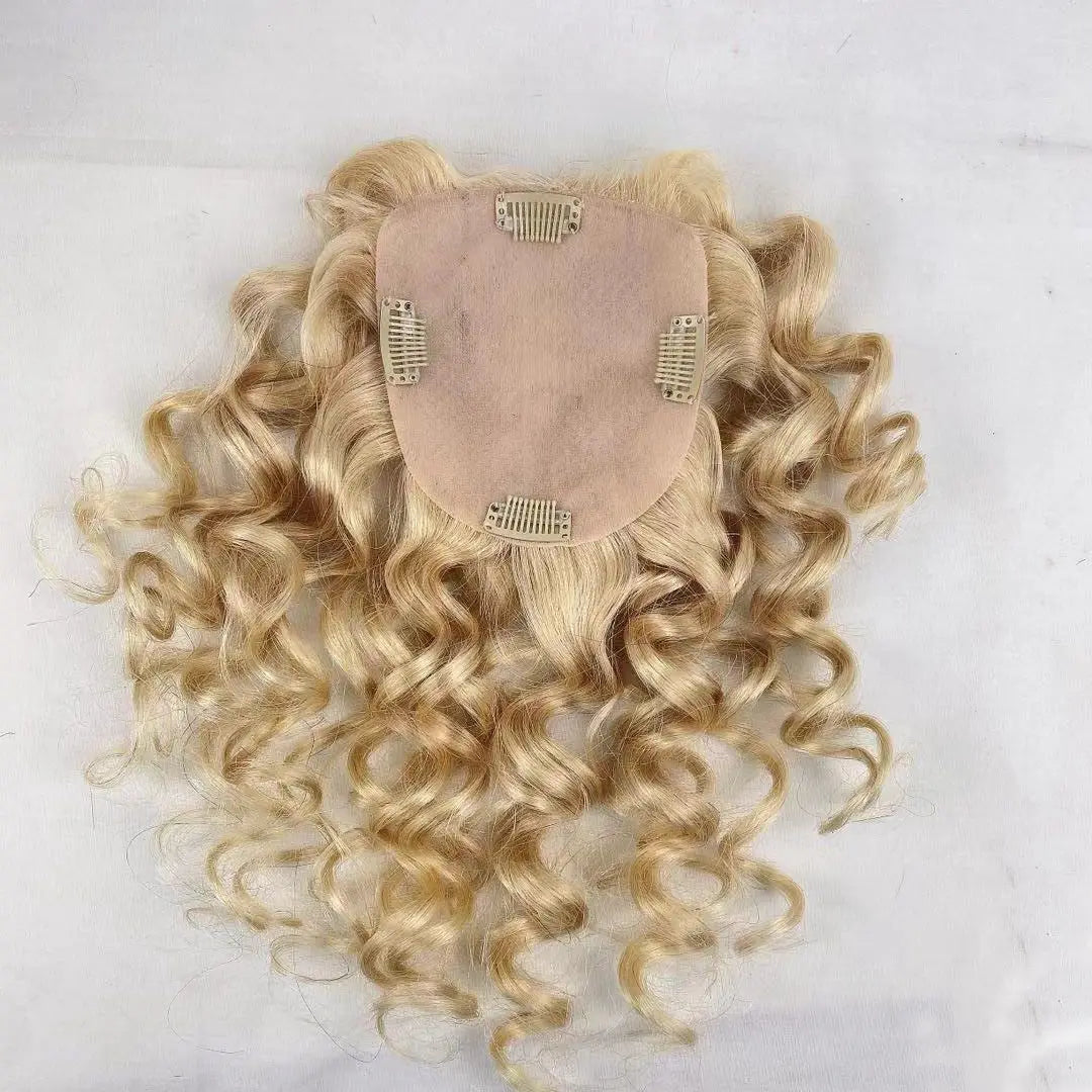 Invisible Natural Scalp Clip in Topper #613 Blonde Silk Top Curly Human Hair Topper for White Women