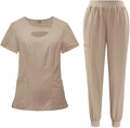 72% Recycled Polyester 23% Viscose 5% Spandex Multiple Pockets V-Neck Top and Drawstring Scrub Pant Premium Hospital Uniform