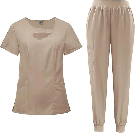 72% Recycled Polyester 23% Viscose 5% Spandex Multiple Pockets V-Neck Top and Drawstring Scrub Pant Premium Hospital Uniform