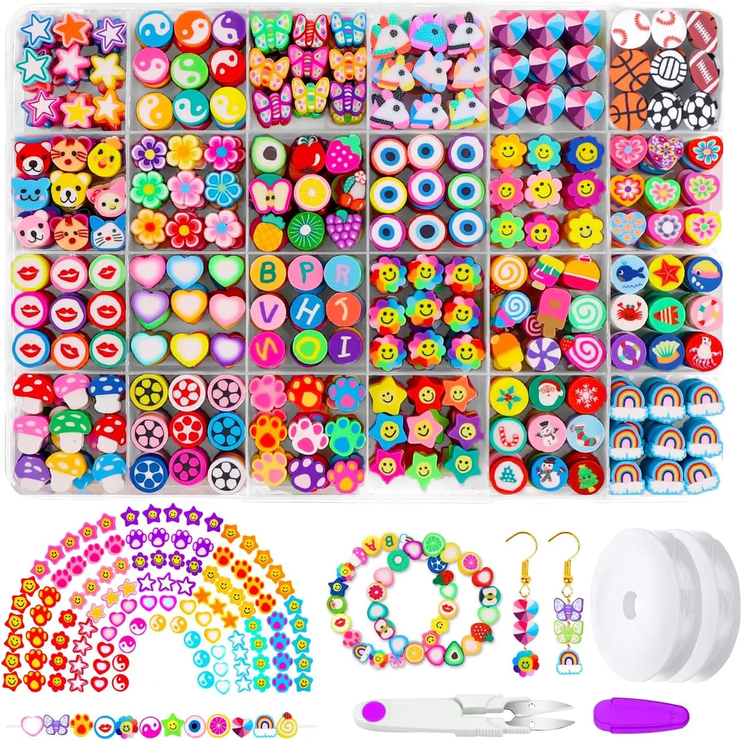 24 Grid 480pcs Fruit Flower Cute Heart Mushroom Heishi Polymer Clay Beads Kit for DIY Jewelry Necklace Bracelet Making