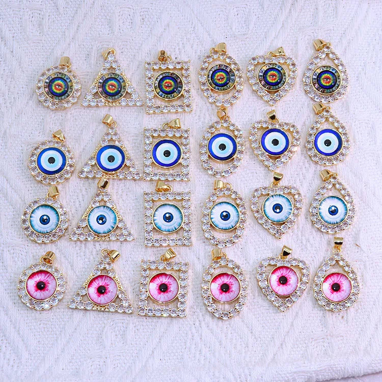 18K Gold Plated CZ Pave Horror Geometric Heart Triangle Round Teardrop Oval Rectangle Realistic Evil Eyes  Eyeball Pendants